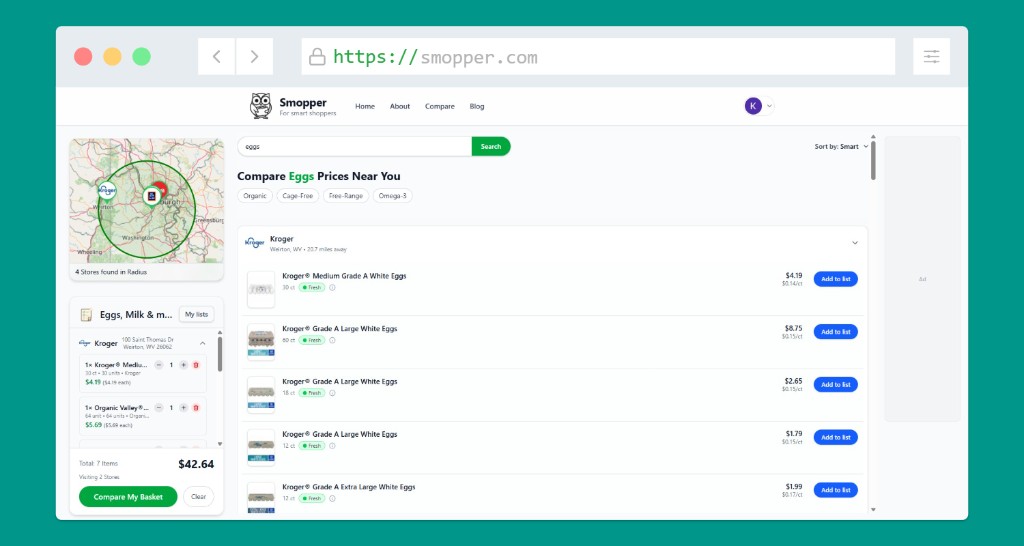 Smopper compare workspace with map, basket, and store results